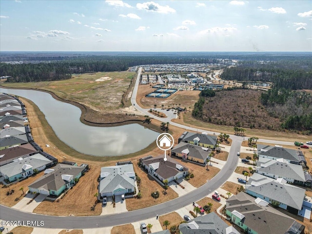 drone / aerial view featuring a water view