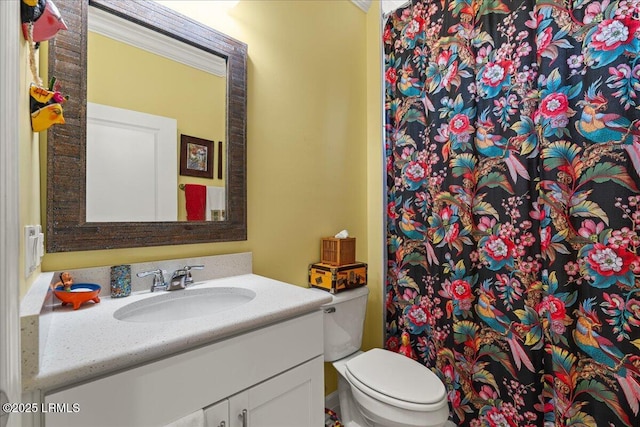 bathroom featuring vanity, toilet, and walk in shower