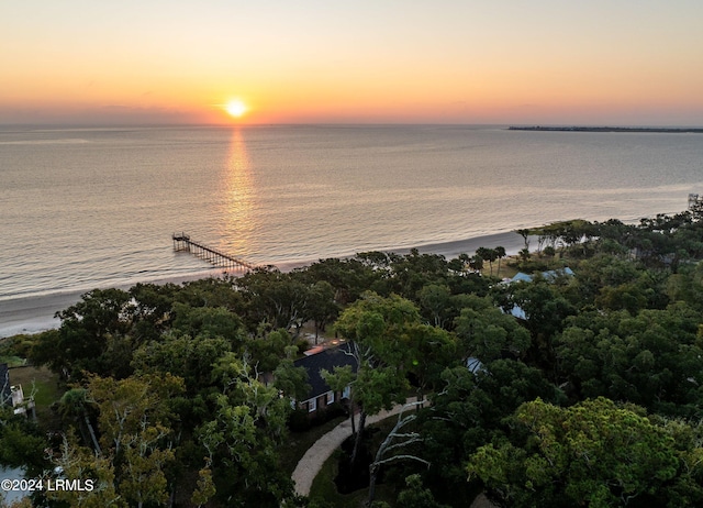 aerial view at dusk with a water view