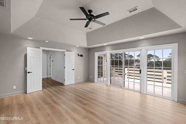 spare room featuring baseboards, recessed lighting, light wood-style floors, and ceiling fan
