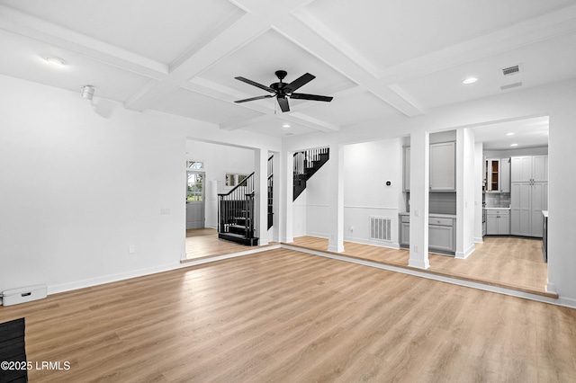 unfurnished living room featuring light wood-type flooring, coffered ceiling, recessed lighting, stairway, and beam ceiling