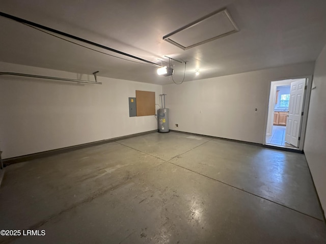 garage with electric panel, baseboards, a garage door opener, and electric water heater