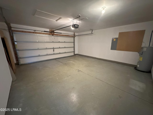 garage featuring water heater, baseboards, electric panel, and a garage door opener