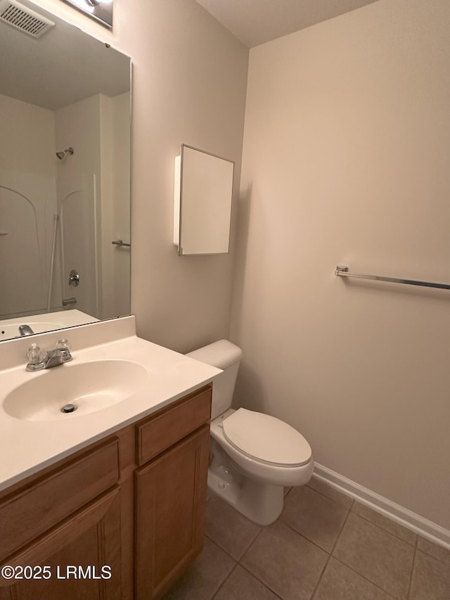 full bath with visible vents, toilet, vanity, walk in shower, and tile patterned floors