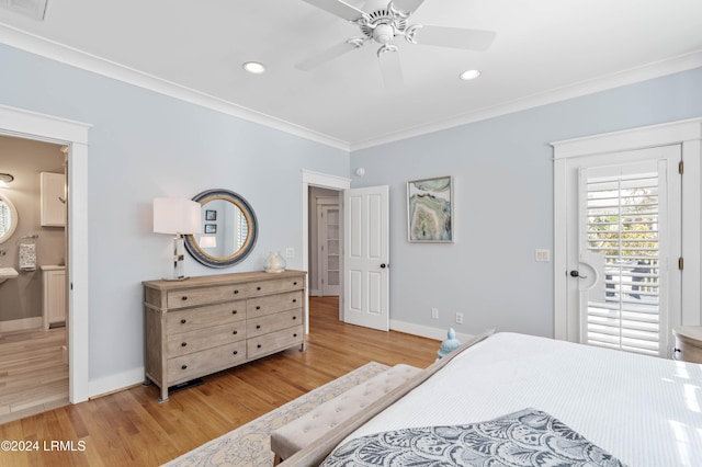 bedroom featuring ornamental molding, light wood-type flooring, ensuite bathroom, and ceiling fan