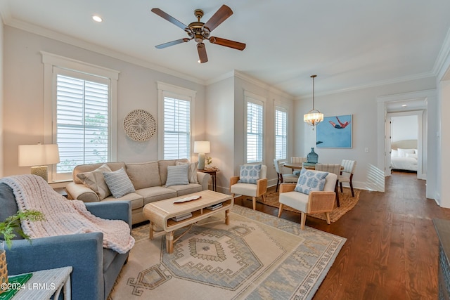 living room featuring dark wood-type flooring, ornamental molding, and ceiling fan with notable chandelier