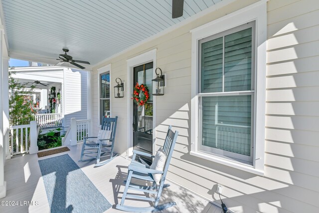 view of patio / terrace featuring ceiling fan and covered porch