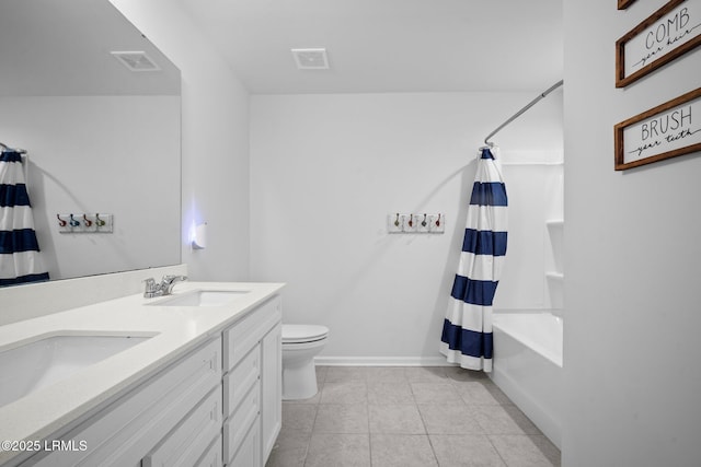 bathroom featuring double vanity, shower / bath combination with curtain, visible vents, toilet, and a sink