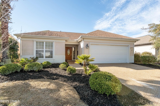 single story home with stucco siding, a garage, roof with shingles, and concrete driveway