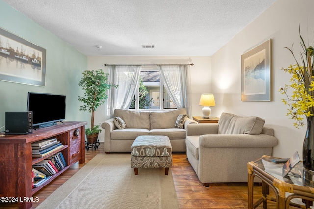 living room featuring hardwood / wood-style floors and a textured ceiling