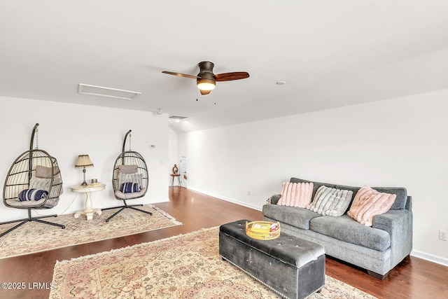 128 Colvin Dr, Okatie, SC 29909 - living area with ceiling fan, vaulted ceiling, wood finished floors, attic access, and baseboards