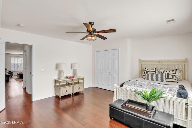 128 Colvin Dr, Okatie, SC 29909 - bedroom with visible vents, a ceiling fan, a closet, and wood finished floors