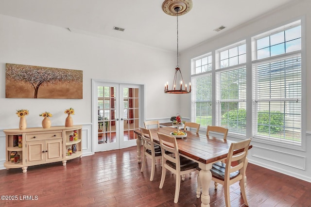 128 Colvin Dr, Okatie, SC 29909 - dining room featuring a chandelier, french doors, dark wood finished floors, and visible vents