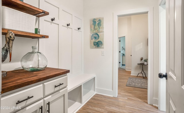 mudroom with light hardwood / wood-style floors