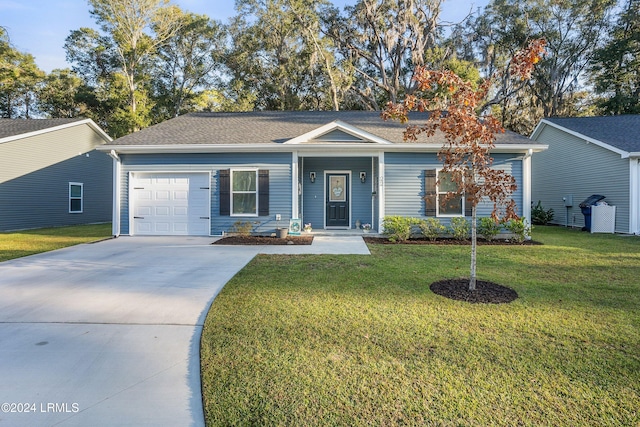 ranch-style home with a garage, covered porch, and a front lawn