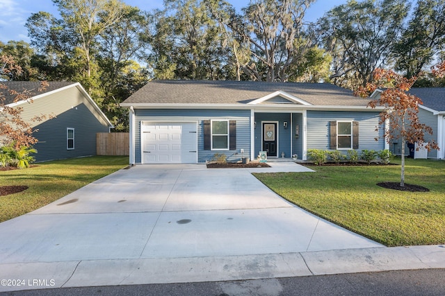 single story home with a garage, a porch, and a front lawn