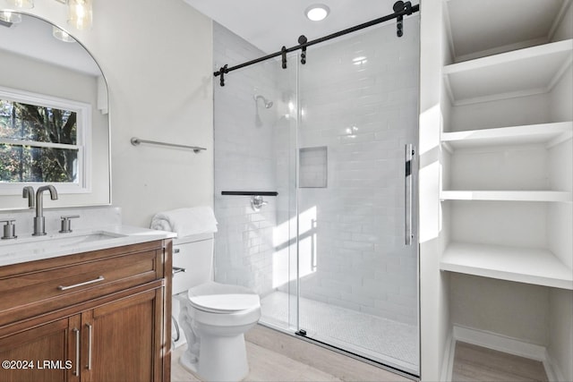 bathroom with vanity, a shower with door, and toilet