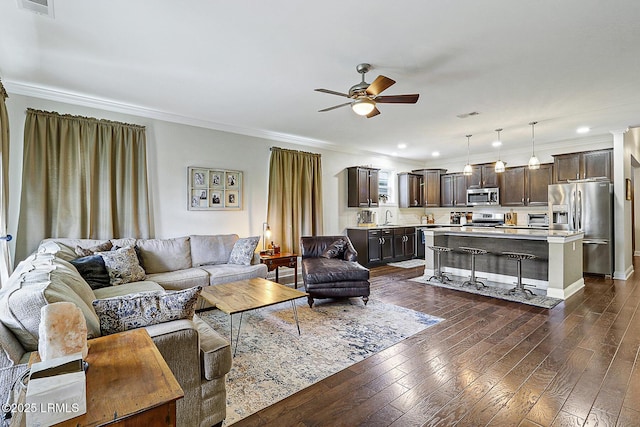 296 Hulston Landing Rd, Bluffton, SC 29909 - living area with ceiling fan, crown molding, dark wood-style floors, and recessed lighting
