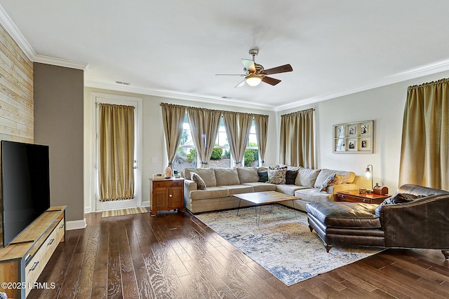 296 Hulston Landing Rd, Bluffton, SC 29909 - living area featuring a ceiling fan, dark wood finished floors, and crown molding