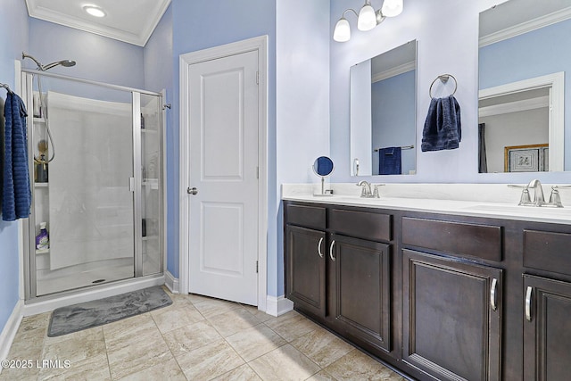 296 Hulston Landing Rd, Bluffton, SC 29909 - full bath featuring ornamental molding, a stall shower, and double vanity