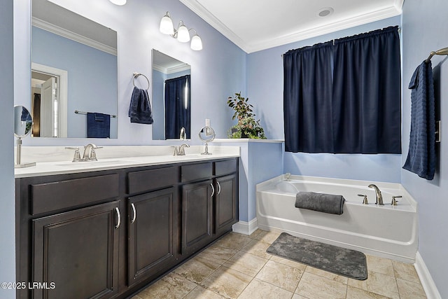 296 Hulston Landing Rd, Bluffton, SC 29909 - bathroom featuring ornamental molding, a garden tub, and double vanity