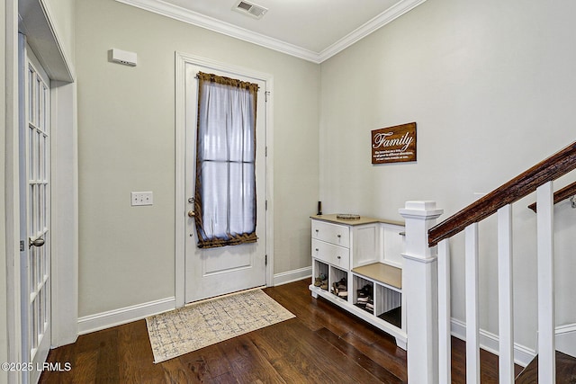 296 Hulston Landing Rd, Bluffton, SC 29909 - entryway with dark wood-style floors, ornamental molding, and stairway