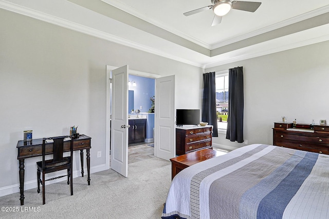 296 Hulston Landing Rd, Bluffton, SC 29909 - bedroom with light colored carpet, ornamental molding, connected bathroom, a raised ceiling, and a ceiling fan