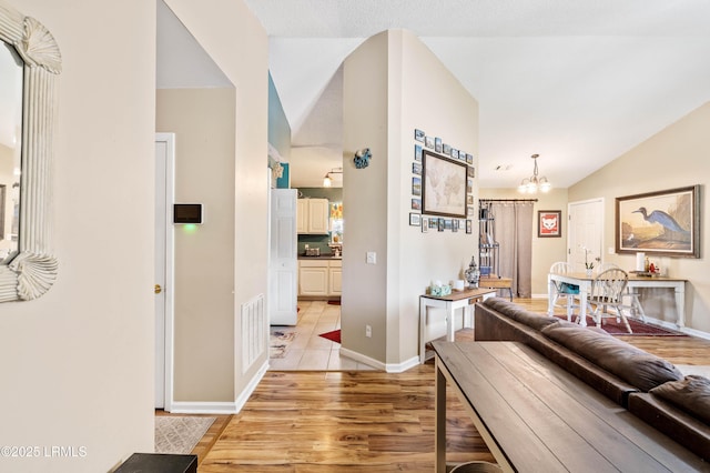 6 Wegeon Ln, Beaufort, SC 29906 - living room with lofted ceiling, a chandelier, and light wood-style floors