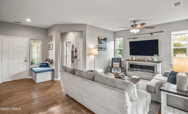 living room featuring ceiling fan and hardwood / wood-style floors