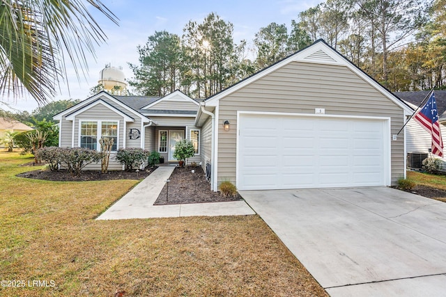 single story home with a garage and a front yard