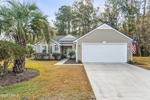 ranch-style home featuring a garage and a front yard