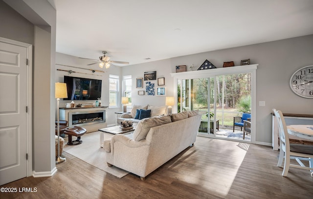 living room featuring wood-type flooring and ceiling fan