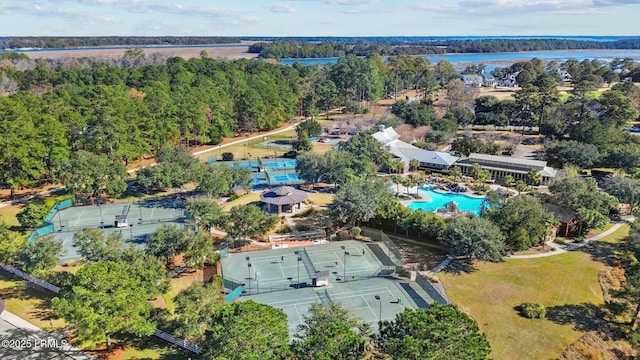 drone / aerial view featuring a water view