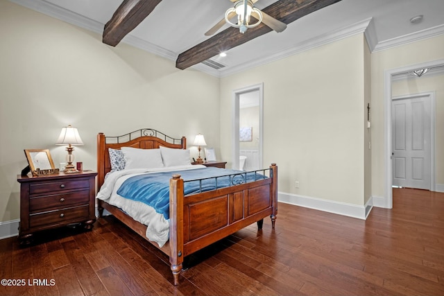 bedroom featuring beam ceiling, dark hardwood / wood-style flooring, crown molding, and ceiling fan