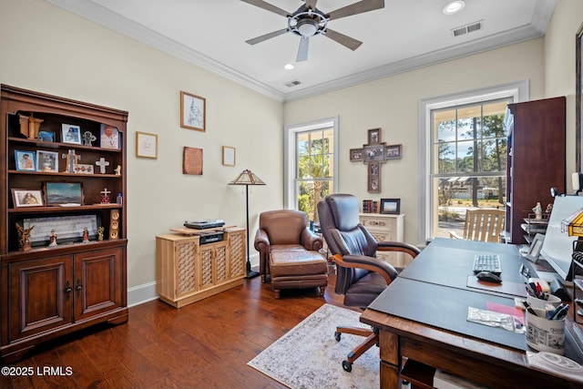 office featuring crown molding, dark hardwood / wood-style floors, and ceiling fan