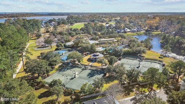 bird's eye view with a water view