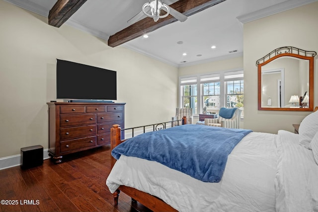 bedroom with dark hardwood / wood-style flooring, beam ceiling, and crown molding