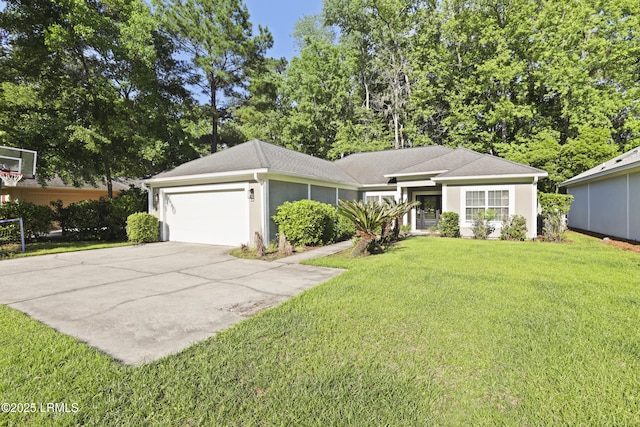 5 Canebrake Ln, Bluffton, SC 29910 - ranch-style house with a garage, a front lawn, concrete driveway, and stucco siding