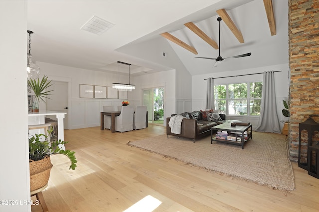 5 Canebrake Ln, Bluffton, SC 29910 - living area with light wood-type flooring, high vaulted ceiling, a decorative wall, beam ceiling, and ceiling fan