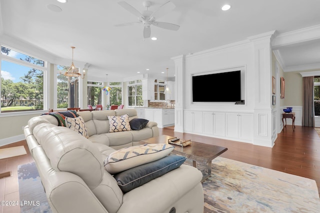 living room featuring ornamental molding, wood-type flooring, and ceiling fan with notable chandelier