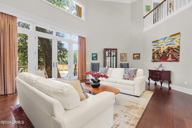 living room with hardwood / wood-style floors, a towering ceiling, a wealth of natural light, and french doors