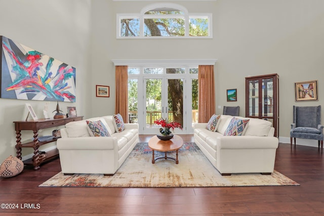 living room featuring dark wood-type flooring and a high ceiling