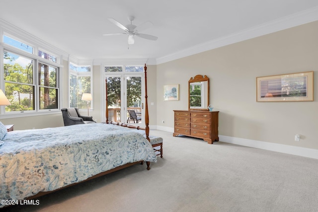 bedroom featuring multiple windows, carpet, access to exterior, ceiling fan, and crown molding