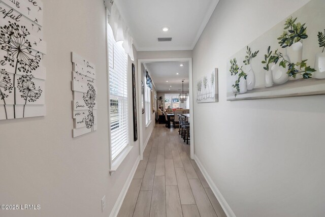 hall featuring hardwood / wood-style floors and crown molding