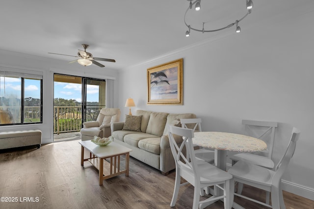 663 William Hilton Pkwy # 2309, Hilton Head Island, SC 29928 - living room with wood finished floors, ceiling fan, and crown molding