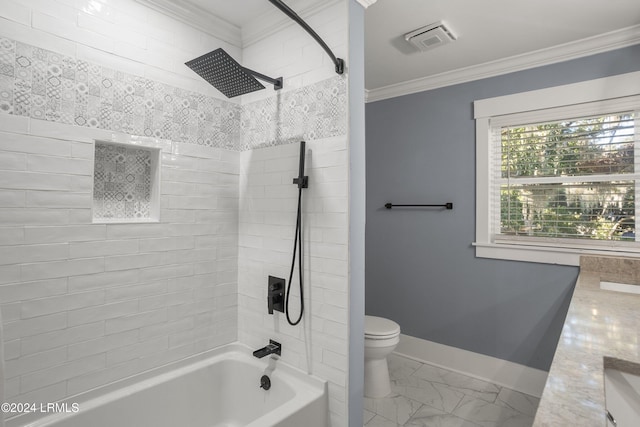 bathroom with marble finish floor, crown molding, visible vents, vanity, and baseboards