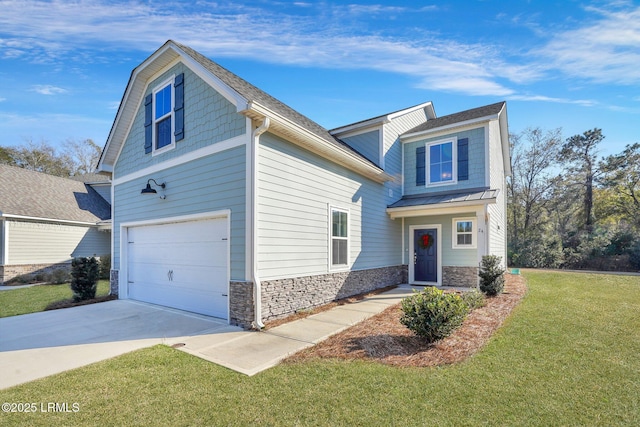 view of front of property featuring a garage and a front lawn