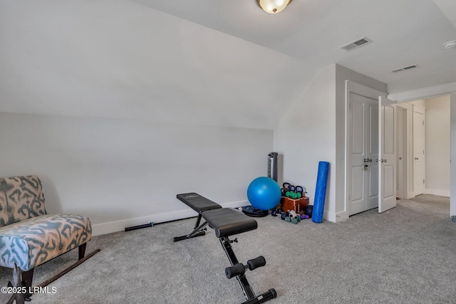 workout area featuring light colored carpet and vaulted ceiling