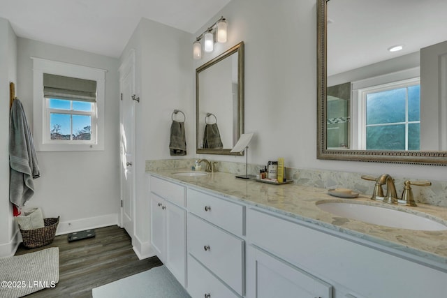 bathroom with wood-type flooring and vanity