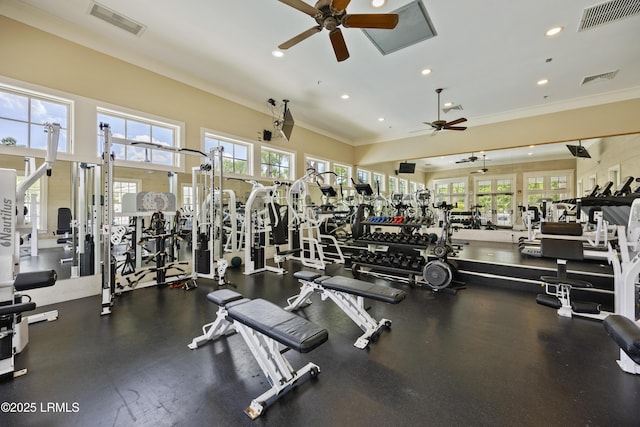 36 Independence Pl, Bluffton, SC 29910 - exercise room featuring a ceiling fan, ornamental molding, and recessed lighting